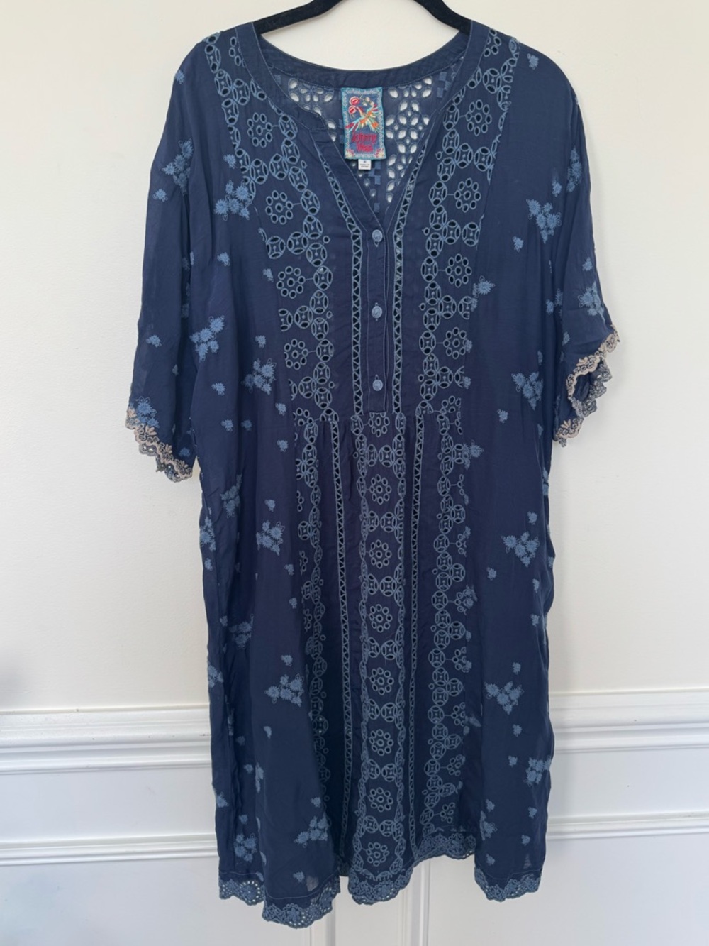 Johnny Was “Riza” embroidered eyelet boho dress deep blue - medium
